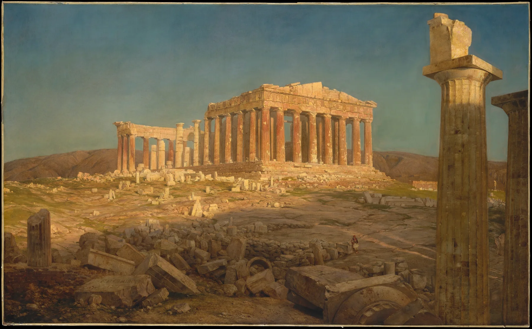 Weathered columns of the Parthenon above scattered stone fragments in afternoon light.